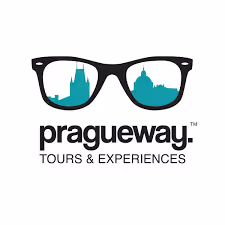 Pragueway logo with black eyeglasses framing turquoise silhouettes of Prague landmarks, and text 'pragueway TOURS & EXPERIENCES' below.