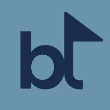 Stylized lowercase letters 'b' and 't' with the top of the 't' shaped like a flag on a blue background.