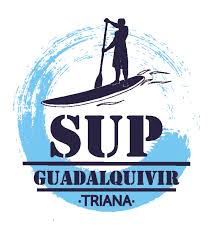 Logo featuring a silhouette of a person paddleboarding on water with the text 'SUP Guadalquivir Triana' in blue and black.