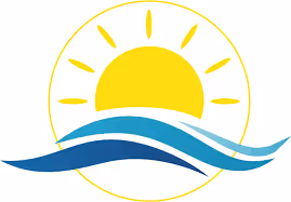 Yellow sun partially above stylized blue ocean waves inside a circle.