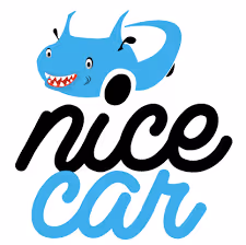 Logo with a blue shark head above the words 'nice car' in black and blue script.