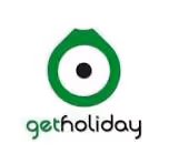 GetHoliday logo featuring a green circle with a black dot in the center resembling an eye above the text 'getholiday'.