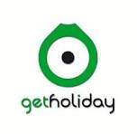 GetHoliday logo featuring a green circle with a black dot in the center resembling an eye above the text 'getholiday'.
