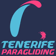 Logo with stylized blue and pink paraglider wing and text 'Tenerife Paragliding' with a silhouette of a paraglider pilot.
