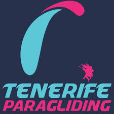 Logo with stylized blue and pink paraglider wing and text 'Tenerife Paragliding' with a silhouette of a paraglider pilot.