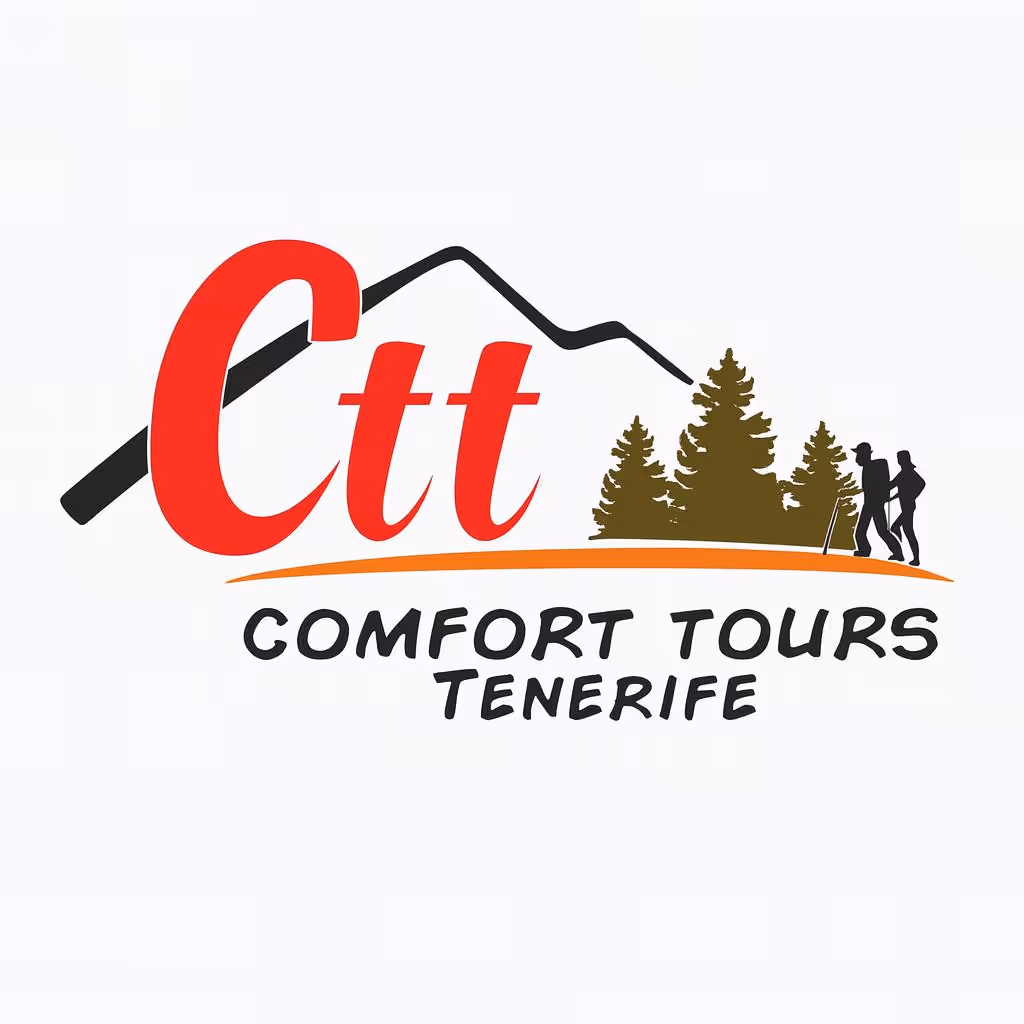 Logo for Comfort Tours Tenerife with 'Ctt' in large red letters, a mountain outline, trees, and two hikers with walking sticks.