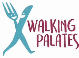 Logo with a fork and knife crossed and the text walking palates.