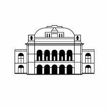 Black and white icon of a historic building with arched windows and a dome roof.