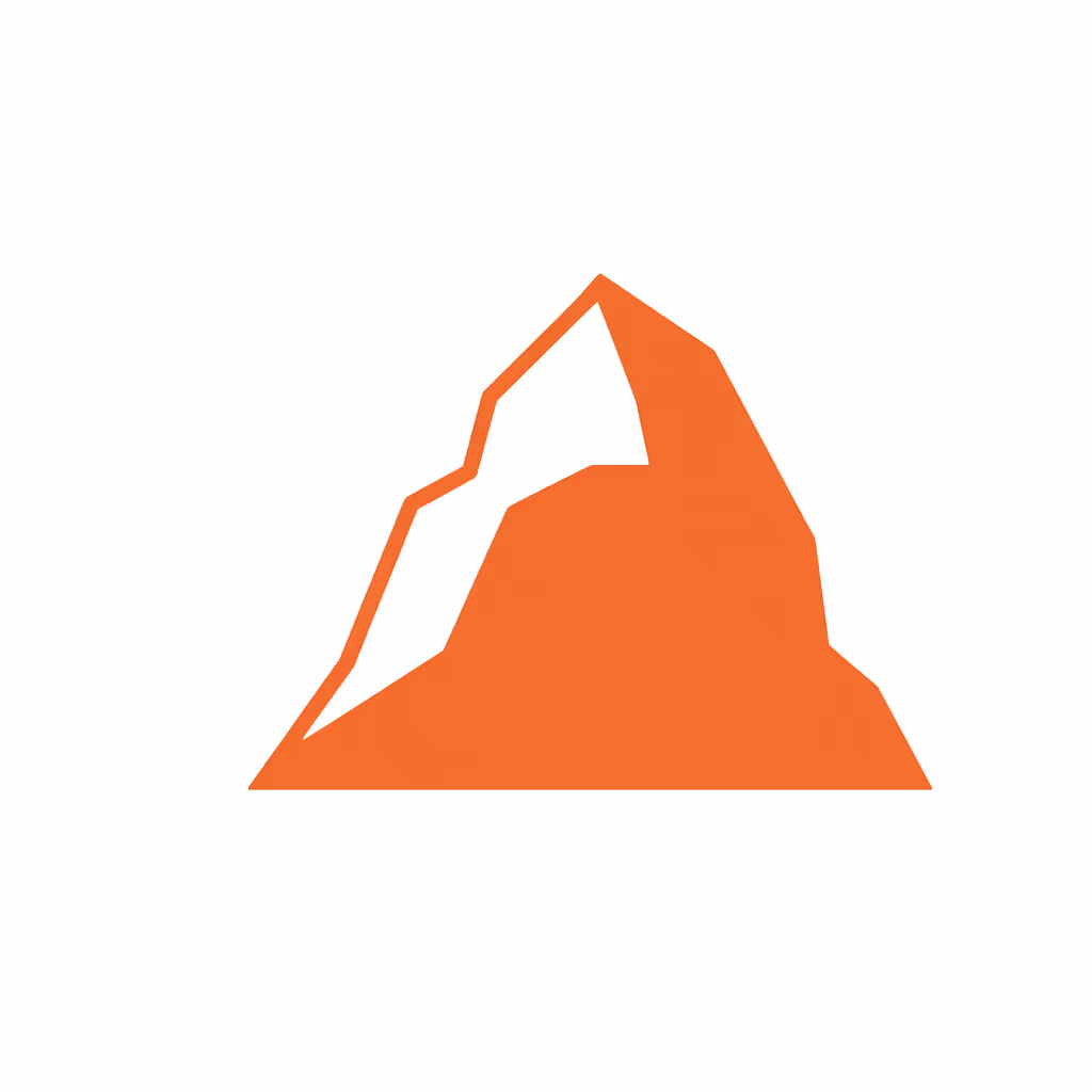 Stylized orange mountain with white snow patches.