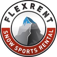 FlexRent logo featuring a stylized mountain peak inside a circular badge with text 'FlexRent Snow Sports Rental'.
