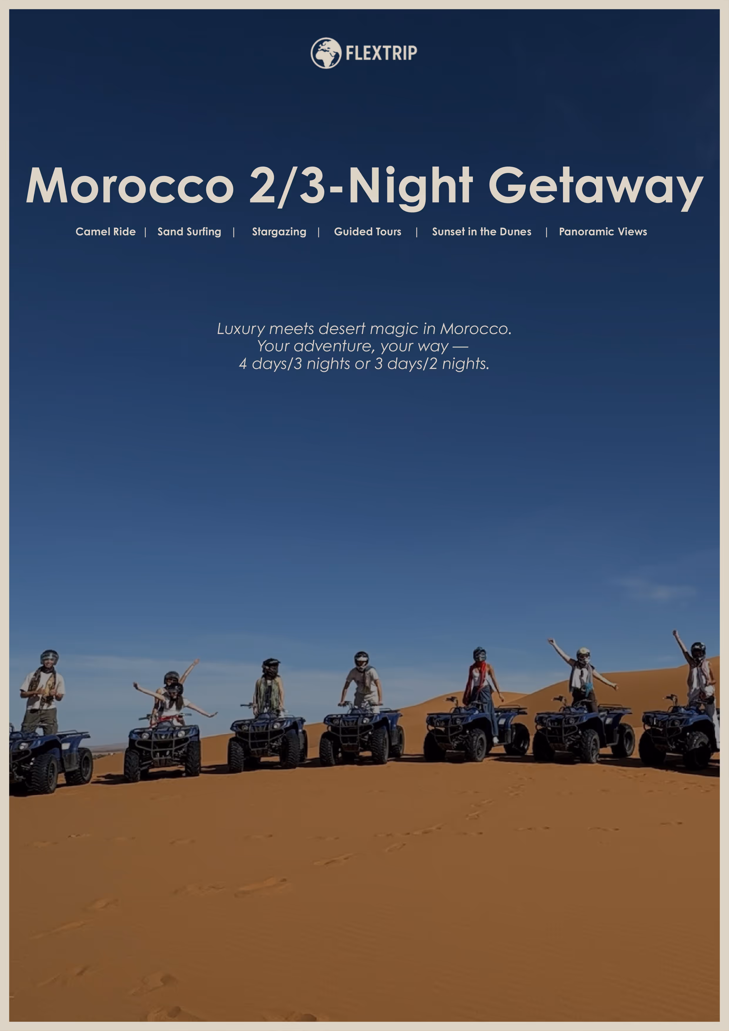 Seven people riding ATVs on sand dunes under a clear blue sky in Morocco desert.