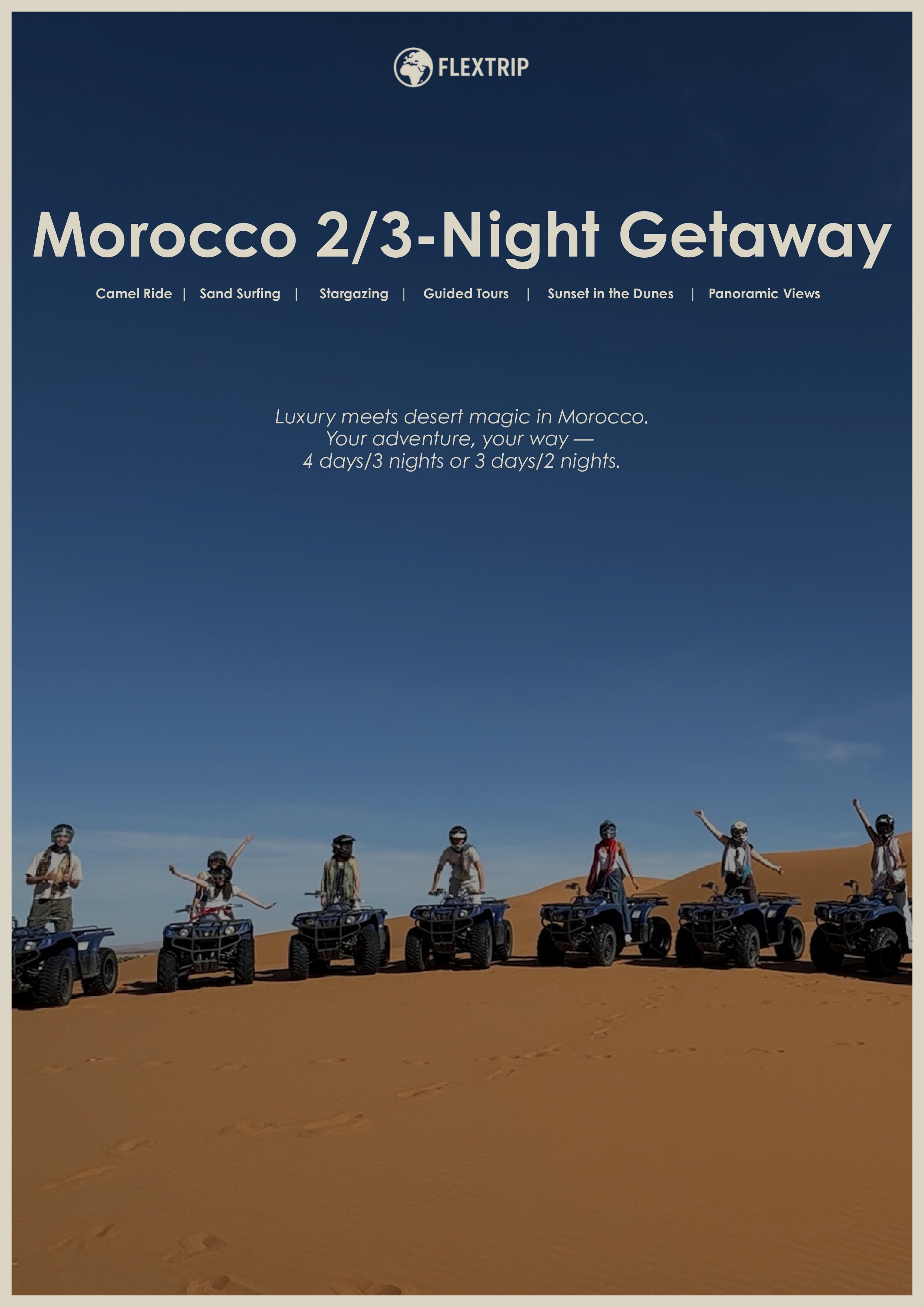 Seven people riding ATVs on sand dunes under a clear blue sky in Morocco desert.