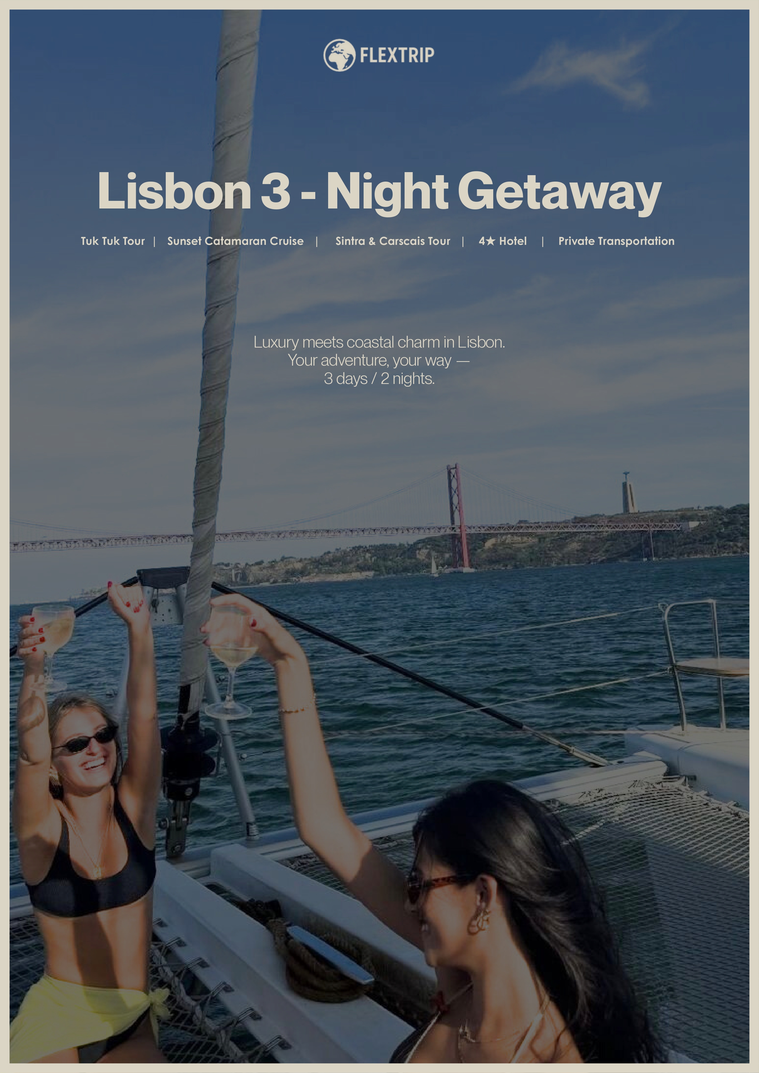 Two women on a sailboat raising glasses with a bridge and waterfront in the background under a clear sky.