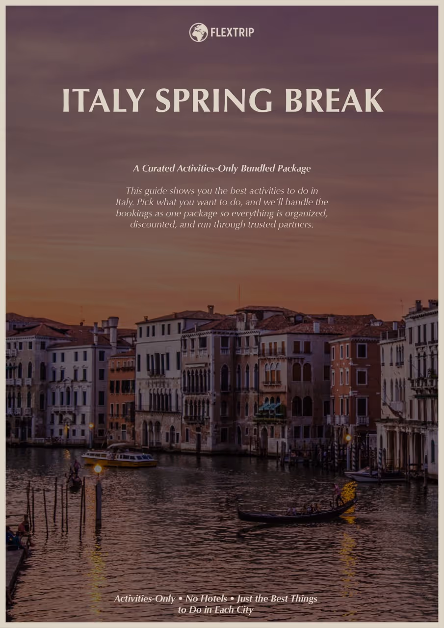 Venetian canal at sunset with gondola and historic buildings, promoting Italy spring break activities-only travel package.