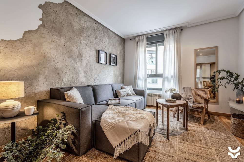 Living room with textures rock-like wall