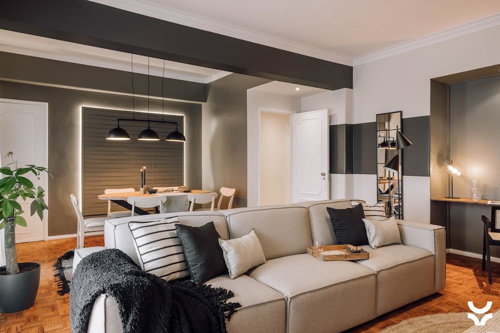 Living room with neutral color palette and modern design