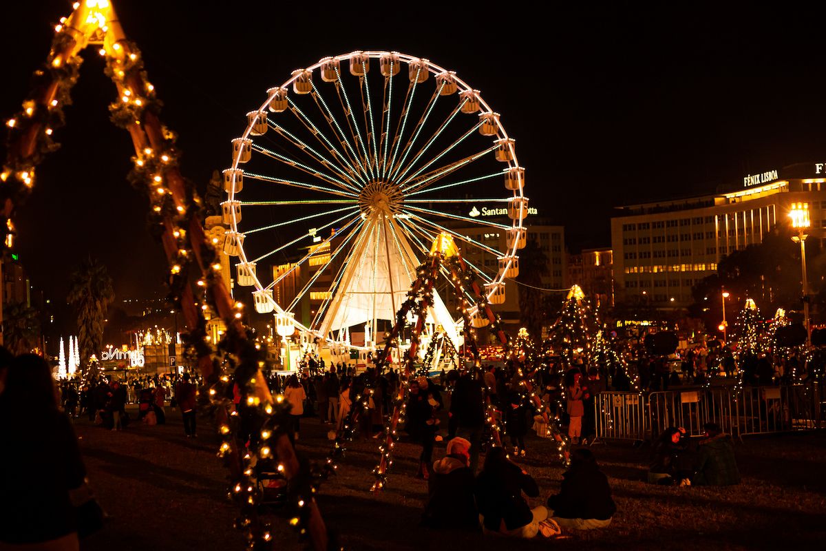 christmas lights at christmas market in lisbon