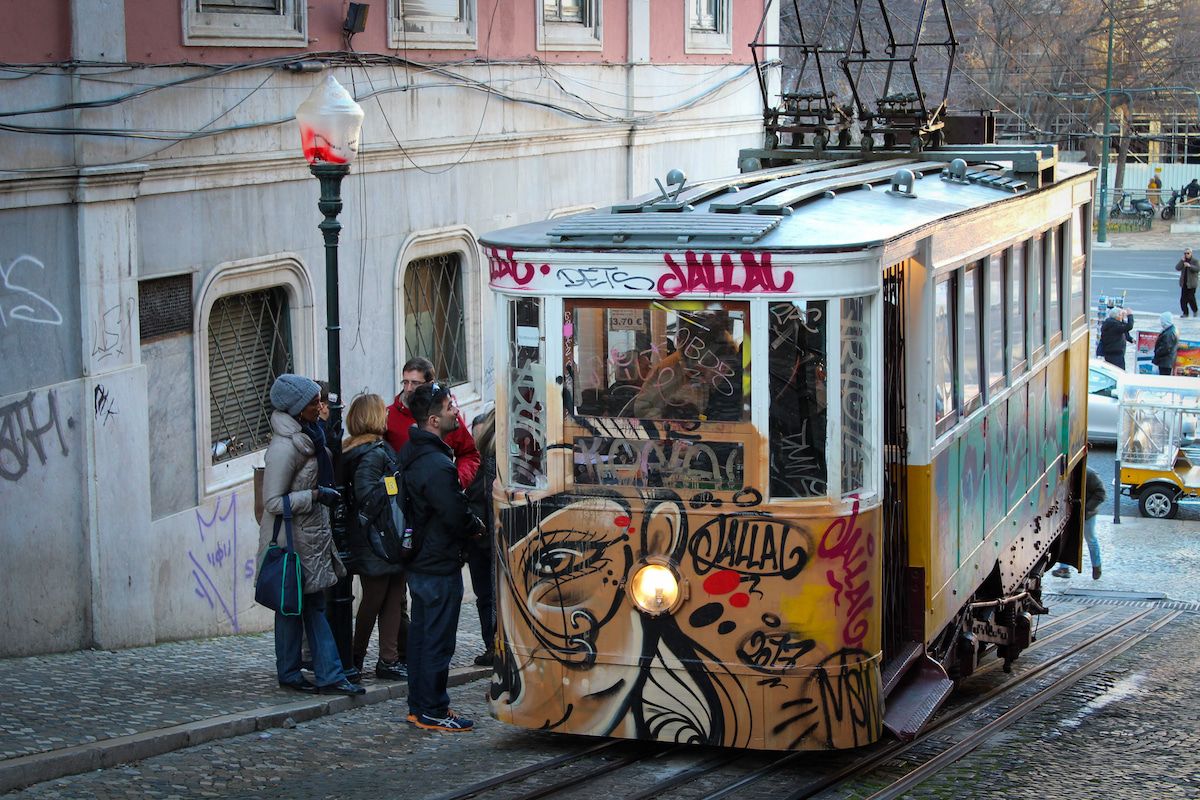 people waiting for tram in lisbon winter
