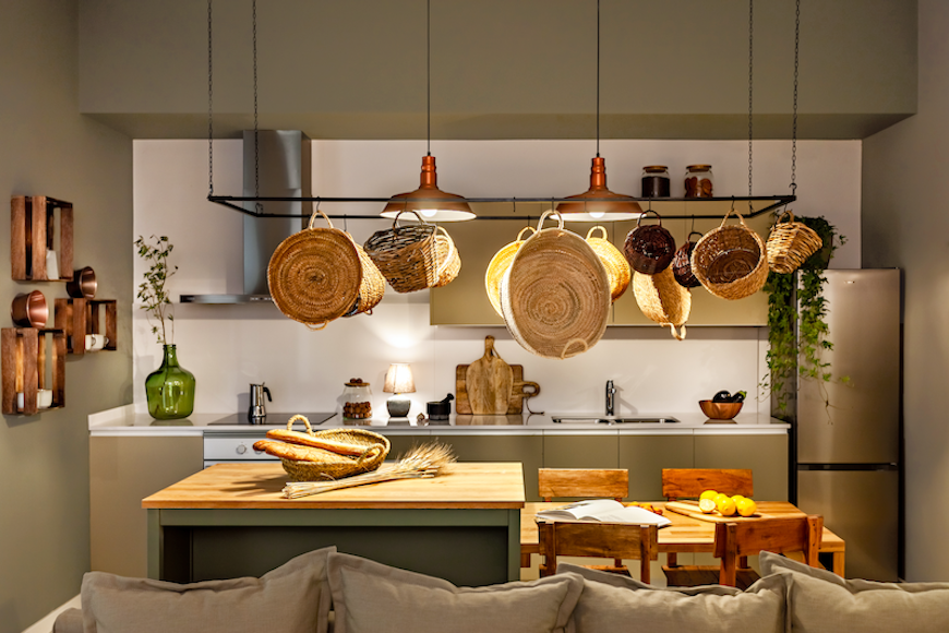 kitchen with hanging baskets