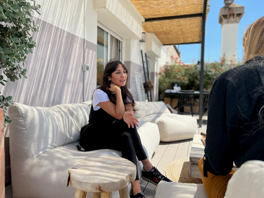 interviewing someone on couch