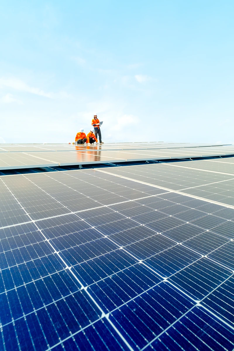 Tecnici al lavoro su un grande impianto fotovoltaico, intenti a controllare e installare pannelli solari sotto un cielo sereno.
