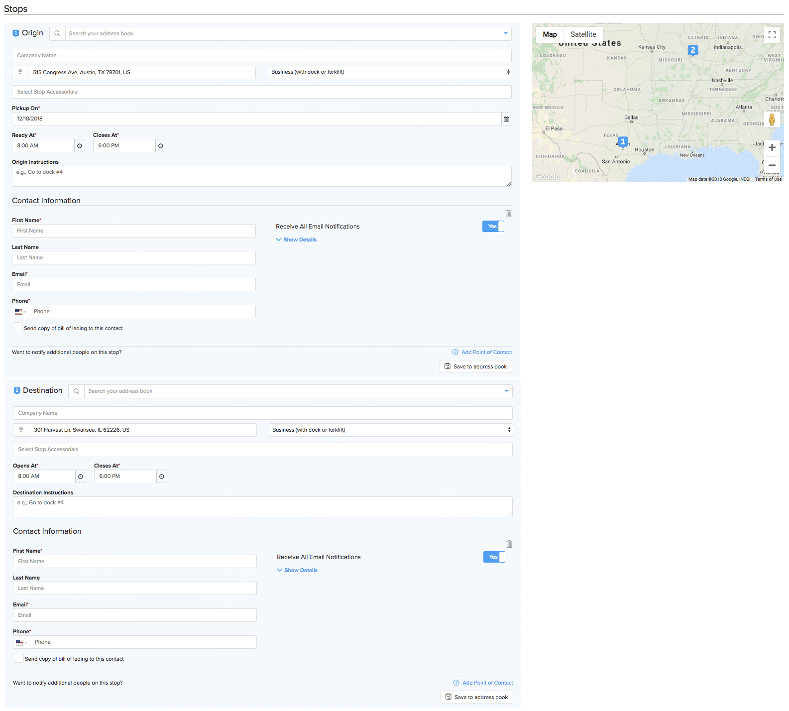 origin and destination information