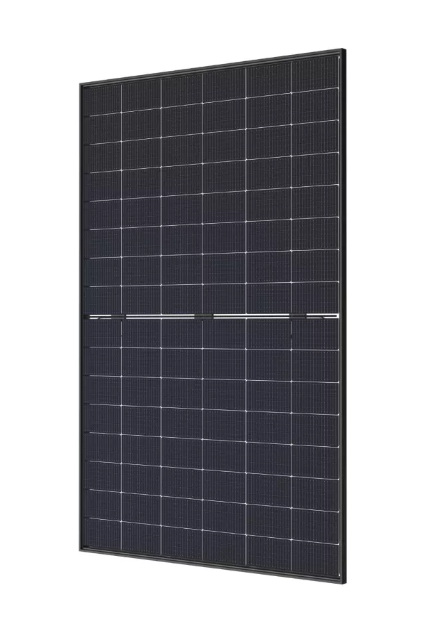 Tall rectangular solar panel with black cells and a dividing line slightly below the middle.