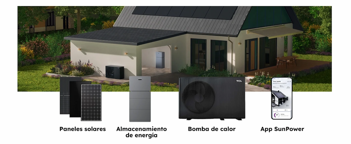 Modern house with solar panels on the roof, energy storage units, a heat pump outside, and a smartphone displaying the SunPower app.