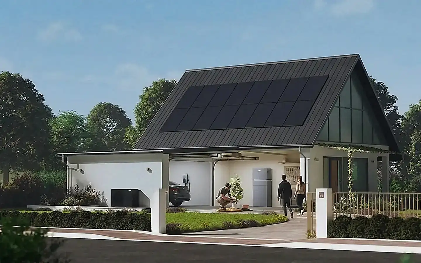 Modern house with large solar panels on steep roof, a car in garage, and people planting a tree in front yard.