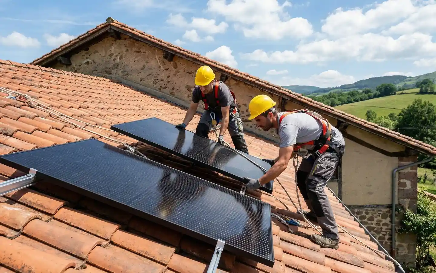 Two workers wearing yellow helmets install solar panels on a terracotta tiled roof in a rural area.