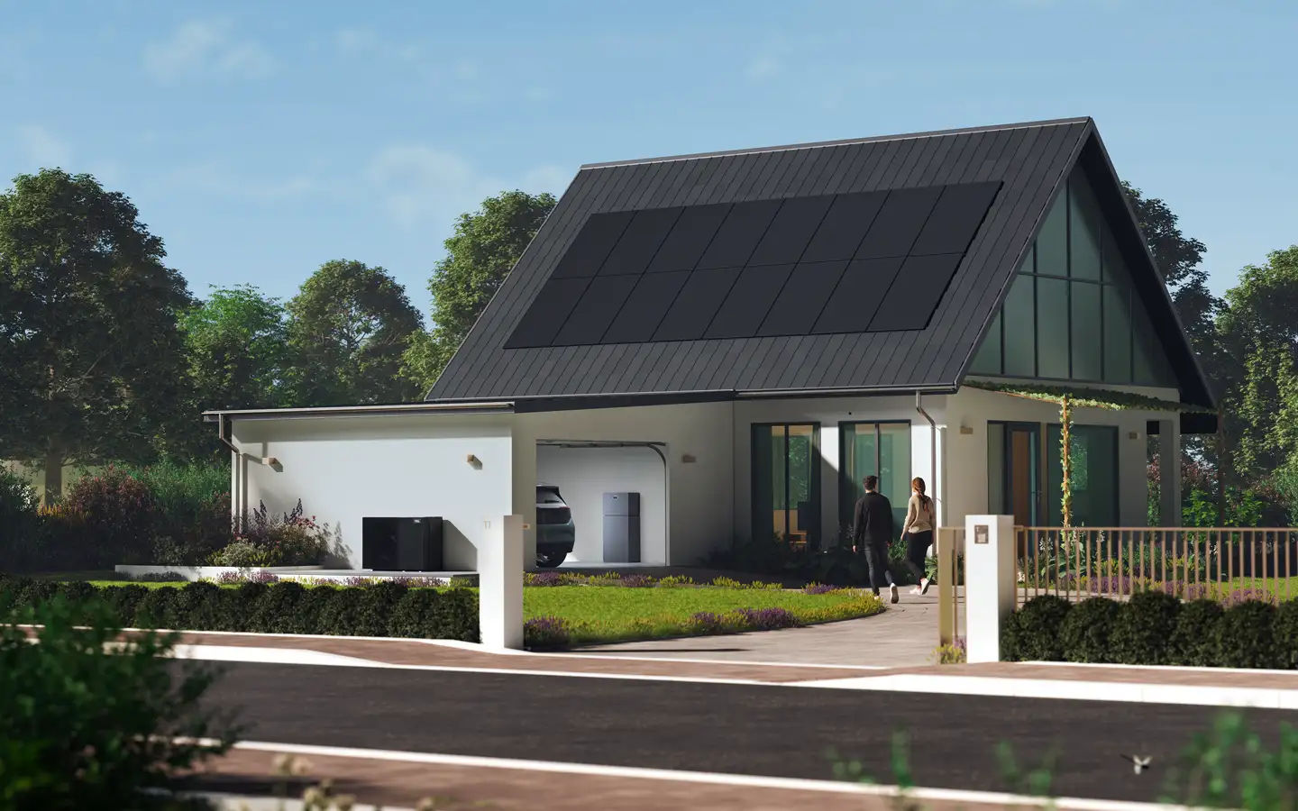 Modern house with solar panels on the roof, a garage with a parked car, and a couple walking on the pathway surrounded by greenery.