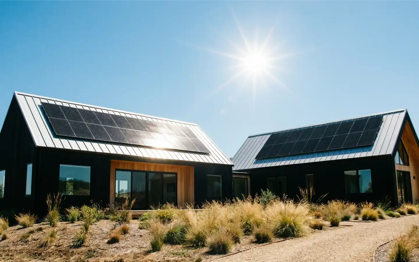 Two modern houses with black exteriors and solar panels on their slanted metal roofs under a bright sun.