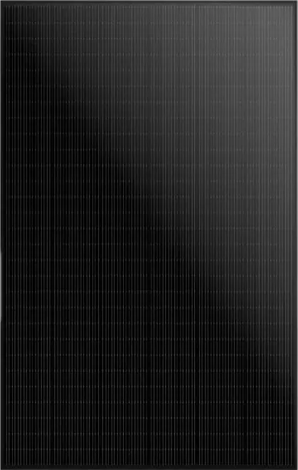 Black monocrystalline solar panel with visible grid pattern of photovoltaic cells.