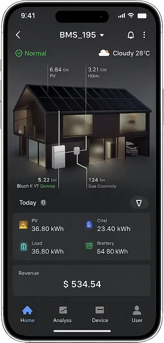 Smartphone screen showing home energy app with solar panel, energy usage, and revenue of $534.54.