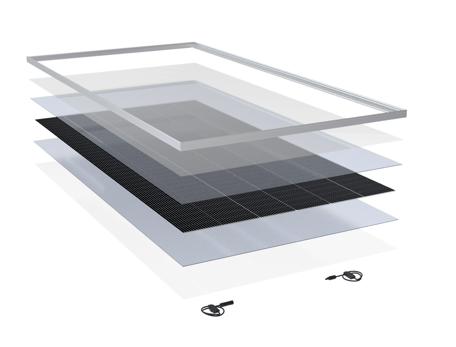 Exploded view of a solar panel showing multiple transparent layers stacked above a black photovoltaic cell layer framed by a silver border, with two connector cables beside the bottom layer.