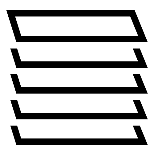 Five black parallelograms arranged vertically and evenly spaced on a white background, each parallelogram slightly offset to the right from the one above it.