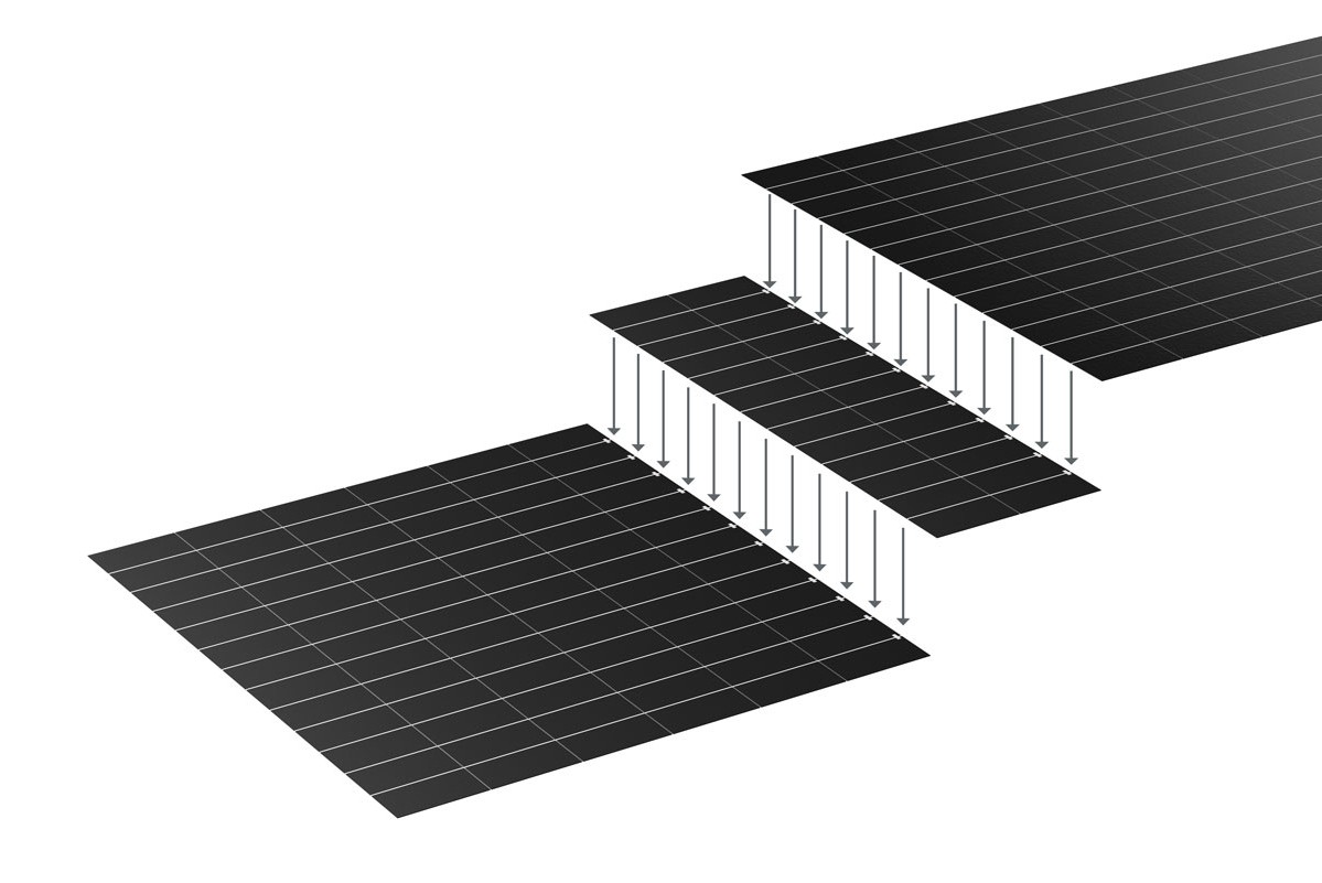 Diagram of three stacked black grid planes with arrows pointing downward from the top plane to the middle plane and from the middle plane to the bottom plane, showing a stepwise projection process.