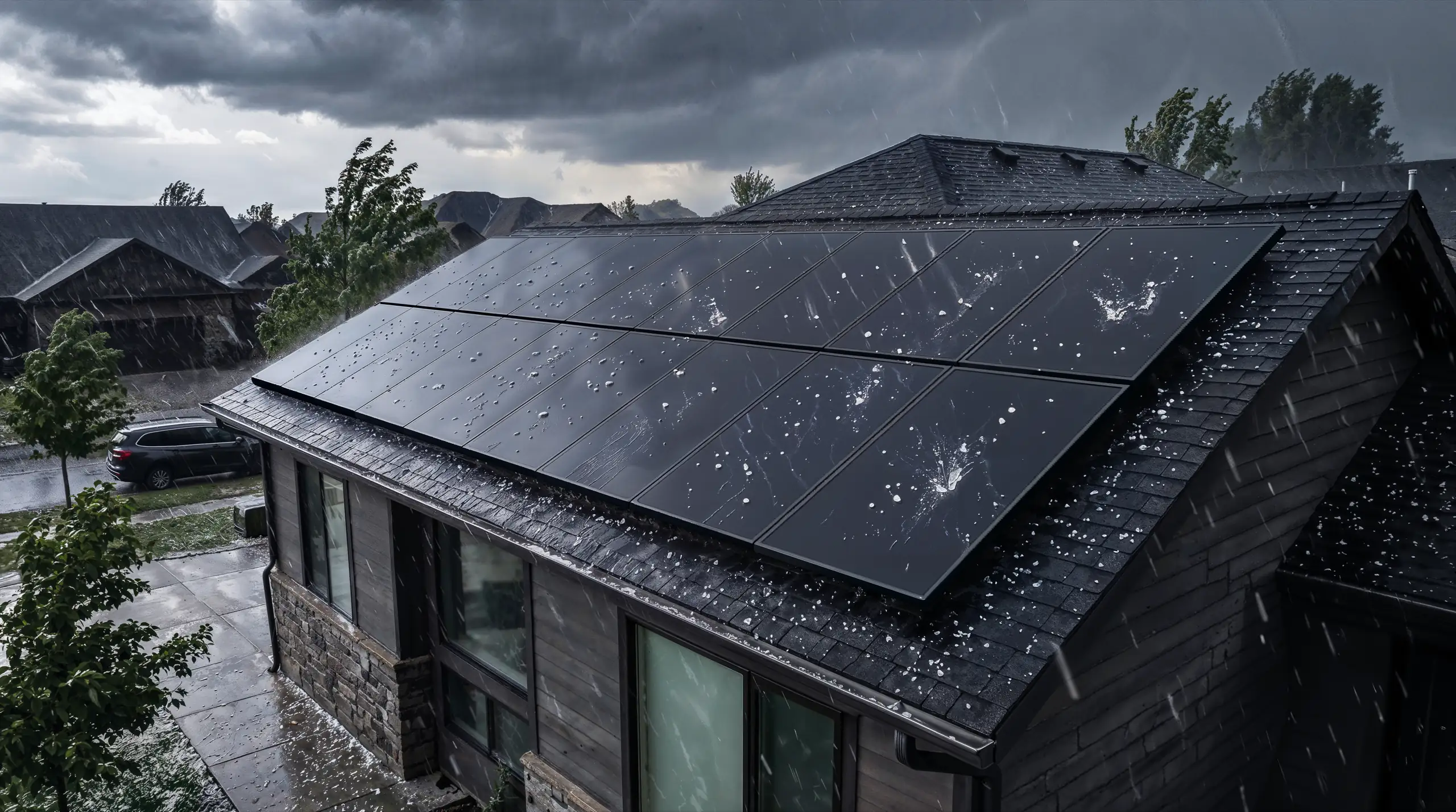 SunPower Origin Module auf einem Dach während eines Hagelsturms