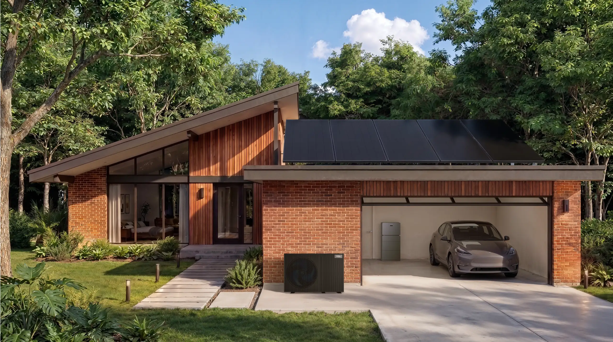Home with SunPower Origin panels on the roof, battery storage and a heat pump