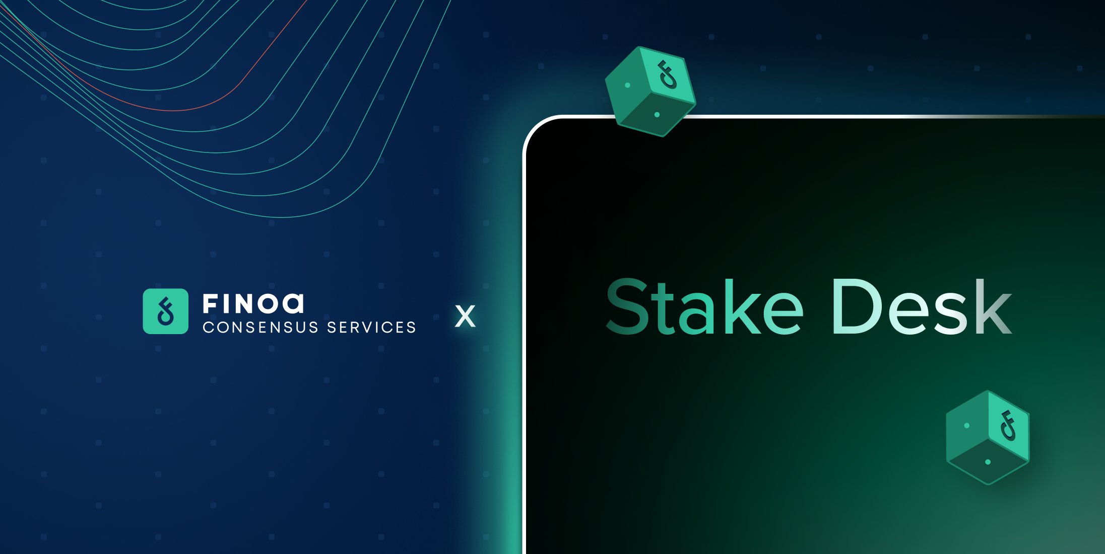 Finoa Consensus Services logo next to the Stake Desk logo on a split dark background with curved line patterns and green branded cubes.