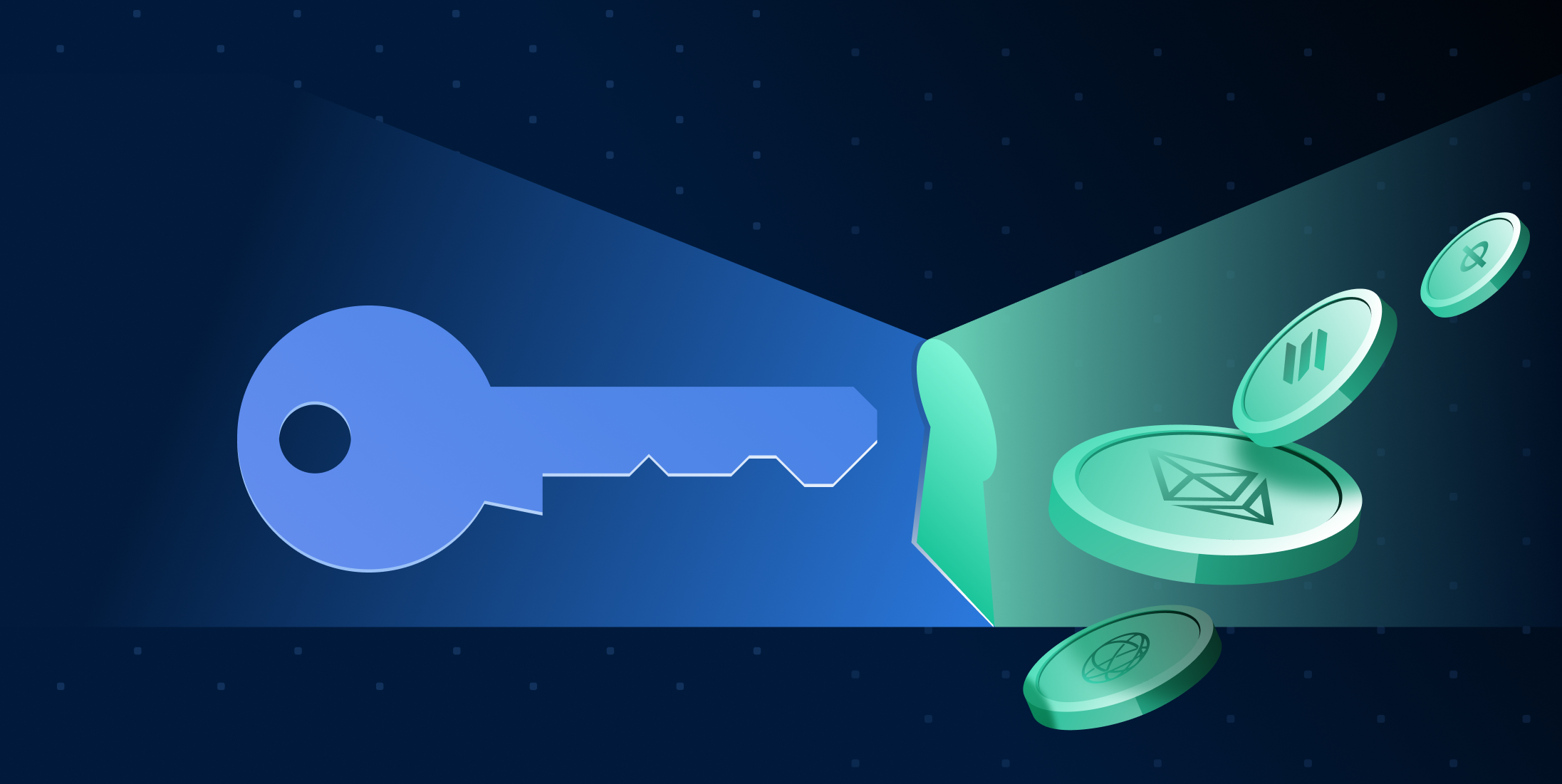 Illustration of a blue key unlocking a keyhole, with green crypto tokens (including Ethereum) emerging from the other side.