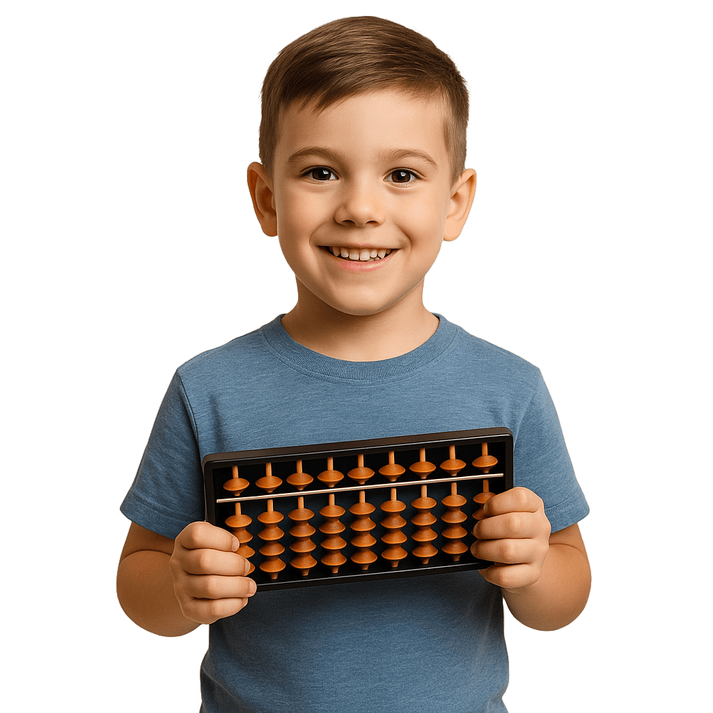 Young child holding a Soroban abacus and smiling confidently in a classroom, symbolizing brain training and early cognitive development at Kiddo Genius.