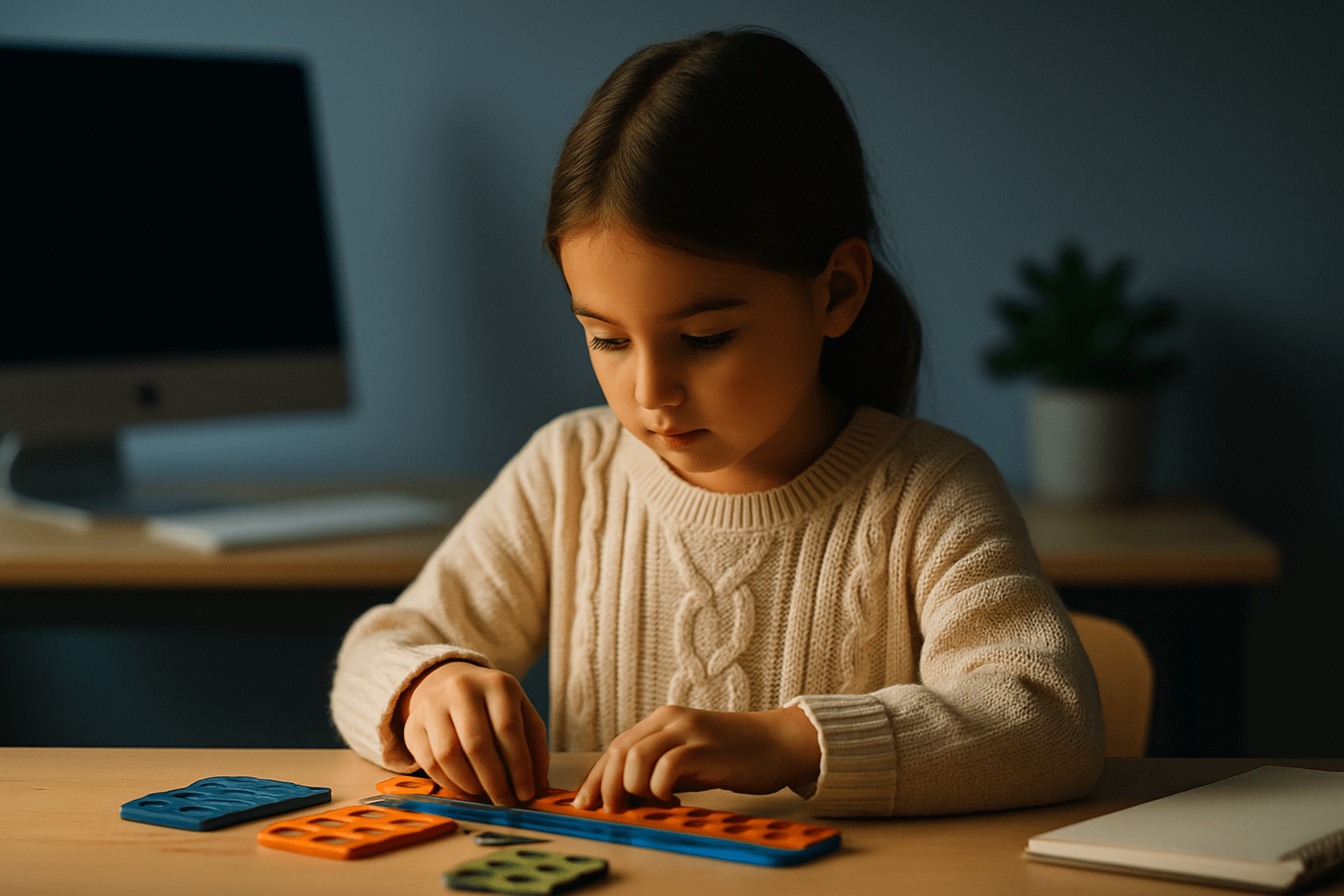 Young girl engaged in hands-on learning using colorful Numicon shapes during a Kiddo Genius math session.