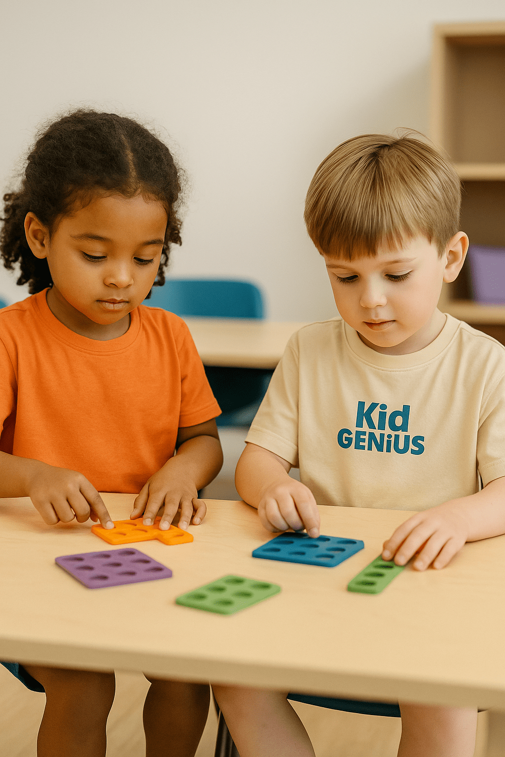 Young children exploring math concepts using colorful Numicon shapes during a Kiddo Genius session.