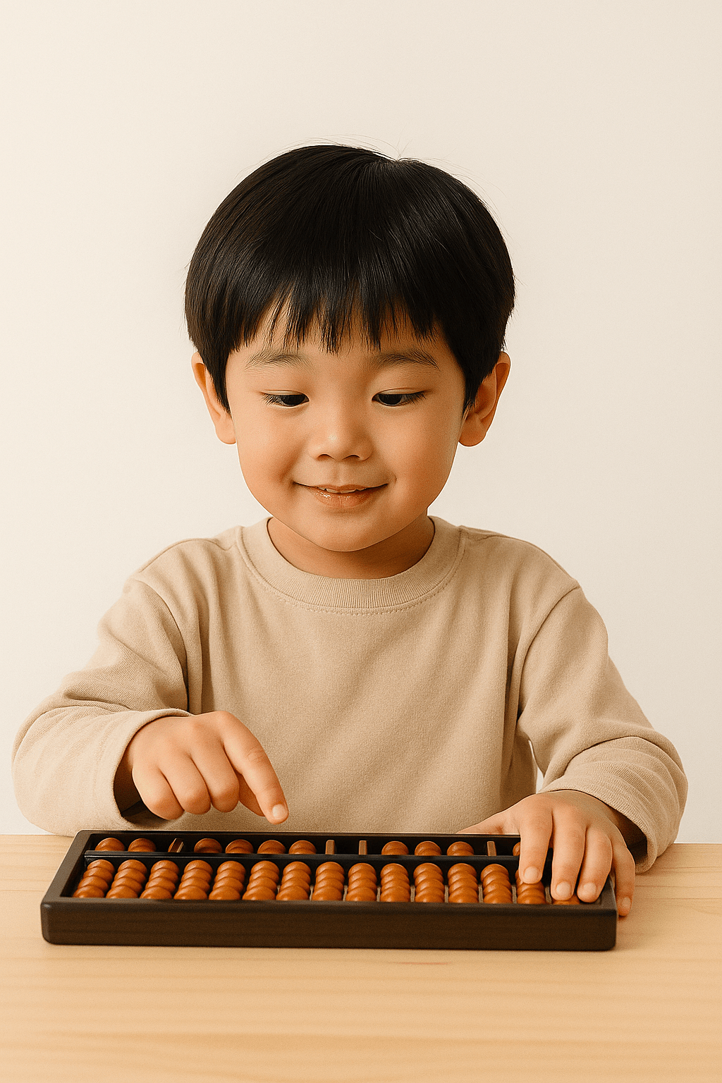 Child focused on solving math problems using a traditional Soroban abacus during a Kiddo Genius class.

