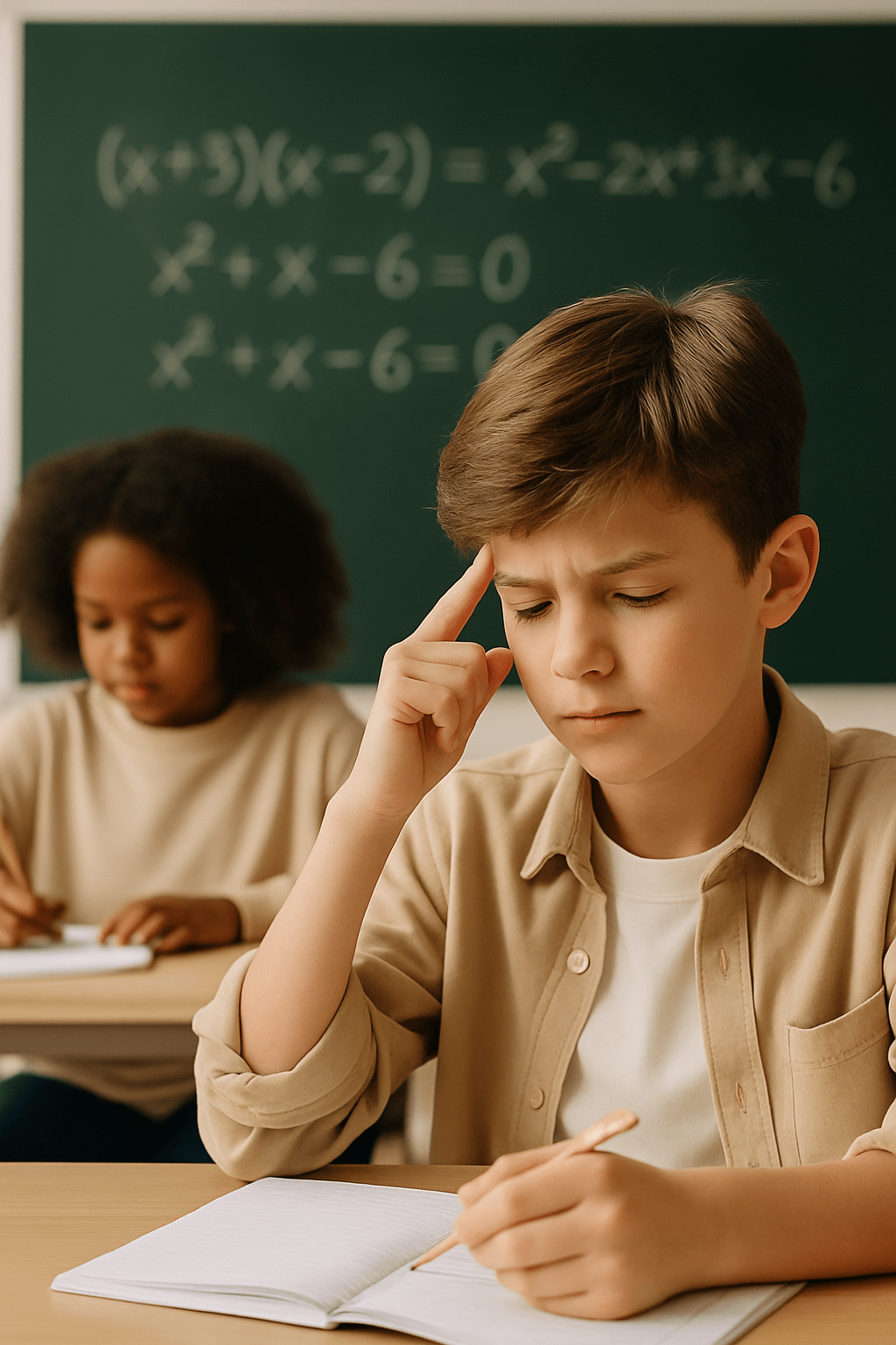 Preteens solving advanced math problems with focus and collaboration during a Kiddo Genius Master Mind class.