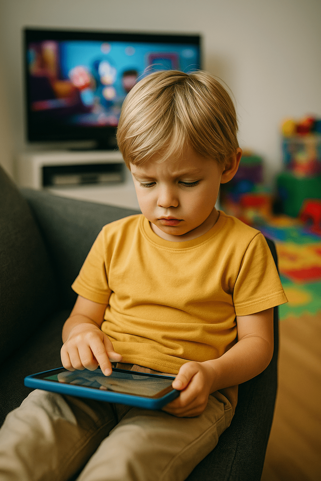 A young child staring at a glowing screen, reflecting the overexposure to digital devices in modern childhood.