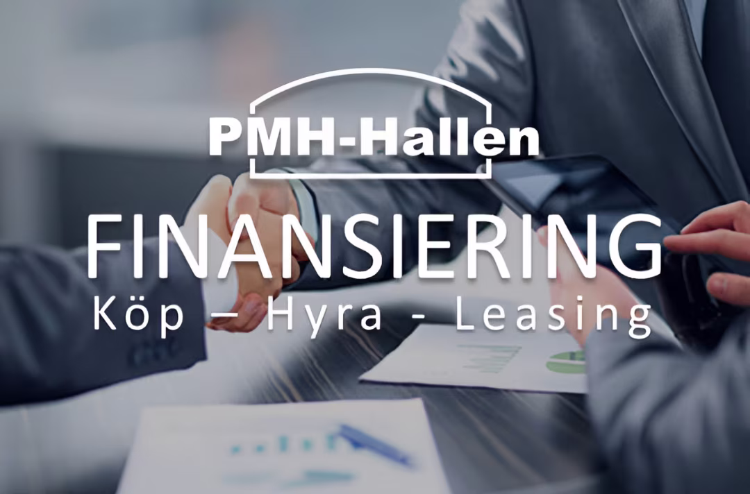 An image of two businessmen shaking hands with the logo of PMH-Hallen, together with the text finansiering, köp, hyra, leasing