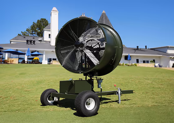 TurfBreeze fan positioned on golf course fairway at White Columns Country Club for turf health control