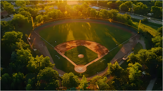 Aerial view of a baseball field surrounded by trees during golden hour, showing infield, outfield, and dugouts